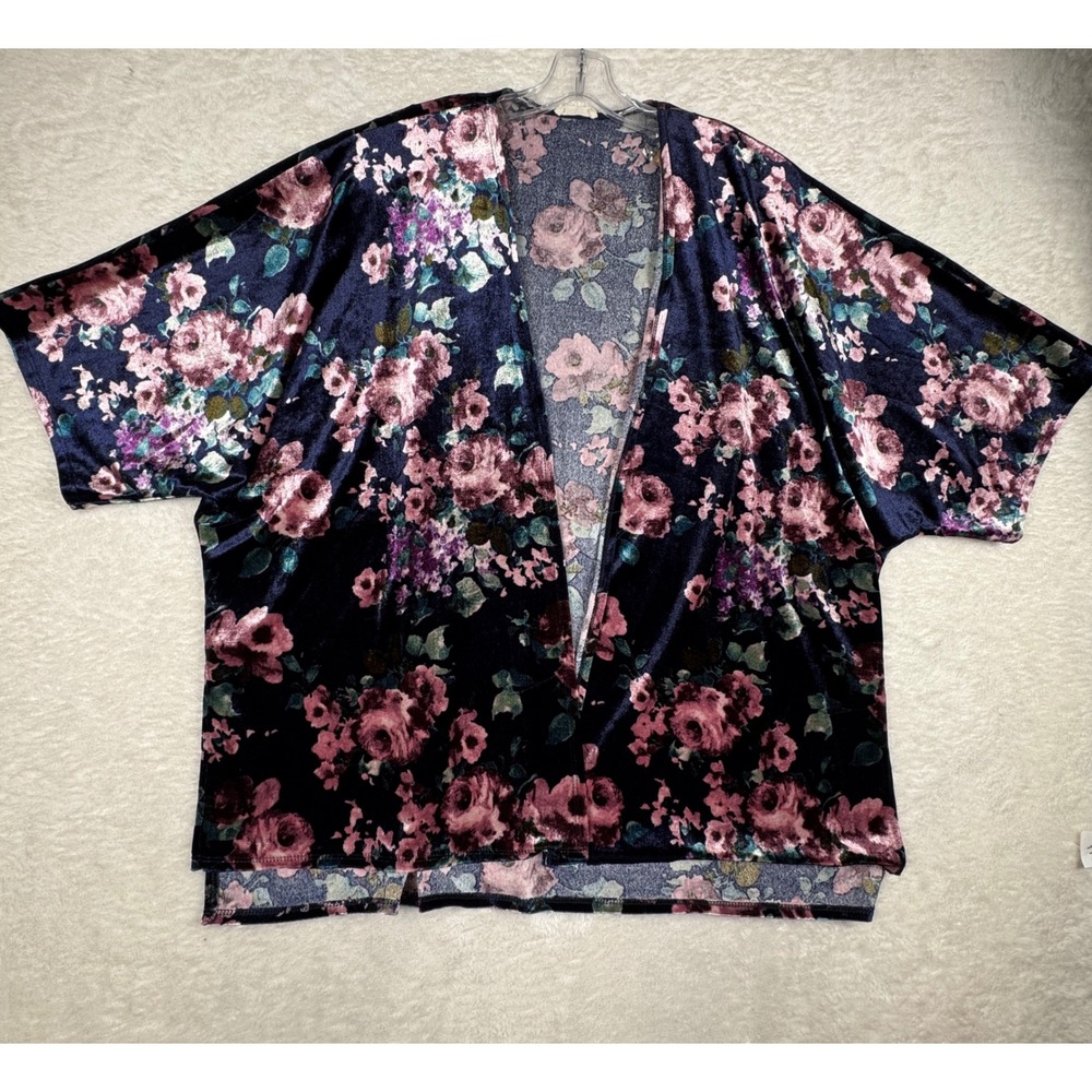 ODDI Floral Velvet Kimono Cardigan Womens One Size Blue Boho Romantic Open Front